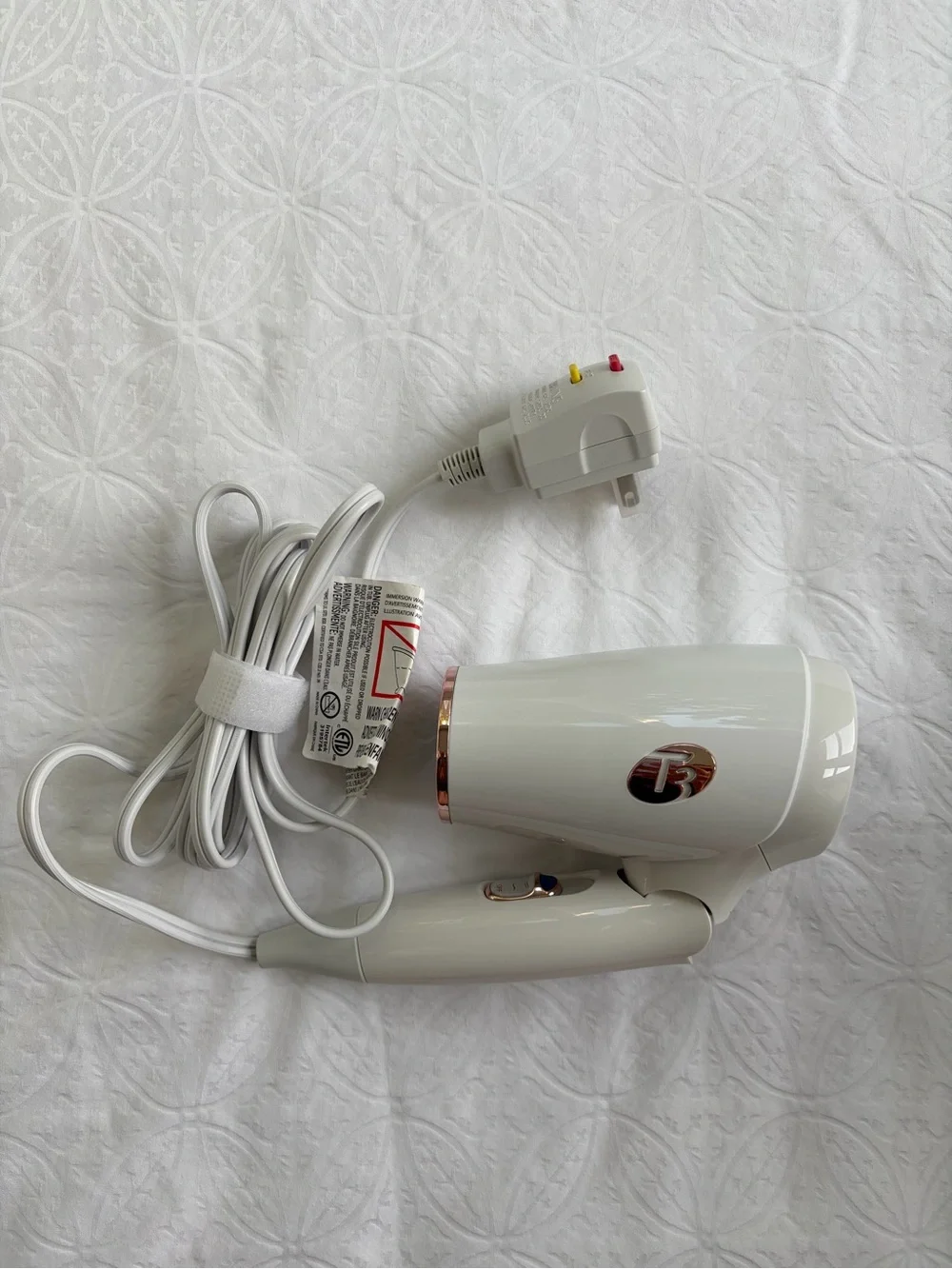 T3 Featherweight Compact Folding Hair Dryer in White with Rose Gold Accents